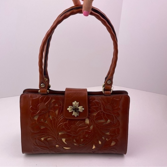 Patricia Nash Rosina Tan Tooled Leather Satchel Bag Floral Cutout Purse NWT - Picture 3 of 9